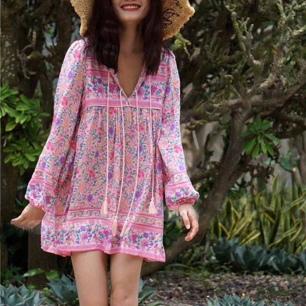 Boho Chic Gypsy Floral Print Mini Dress - Picture 5 of 8